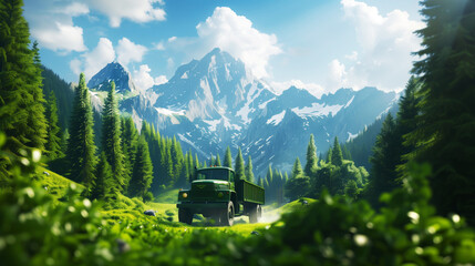A vintage green truck driving through a lush, green valley with majestic snow-capped mountains in the background.