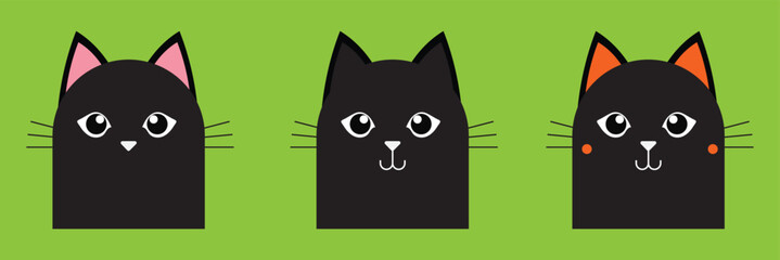Cat head face set. Black silhouette icon. Kitten with big white eyes. Cute cartoon funny pet character. Funny kawaii animal. Flat design.  ears, nose, cheek. green background Vector illustration.