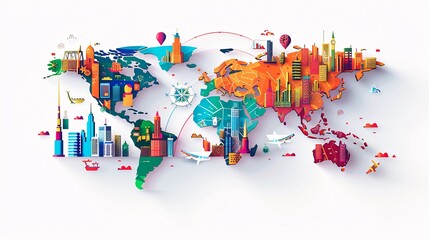 Fototapeta premium A detailed world map in a myriad of vibrant colors displayed on a clean white background
