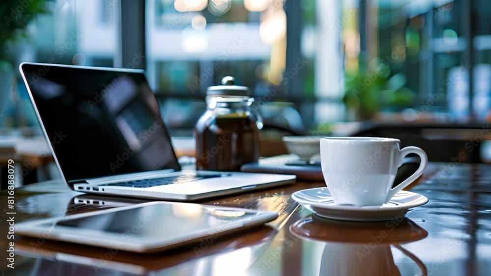 Poster a laptop is placed on a table next to a cup of coffee. the scene depicts a work setup with a hot bev