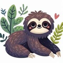 A cute cartoon sloth with a heart on its face is sitting in a lush green forest