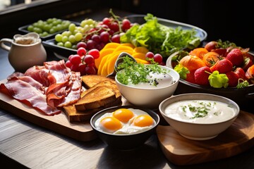 A brunch spread with a variety of dishes, including eggs, bacon, pastries, and fresh fruit