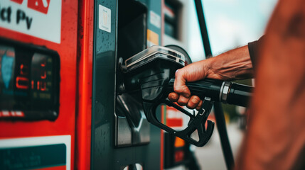 Close-up of a person refueling a vehicle, with a hand gripping a fuel nozzle at a gas station pump. The fuel dispenser and price display are visible.