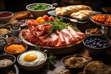 A brunch spread with a variety of dishes, including eggs, bacon, pastries, and fresh fruit
