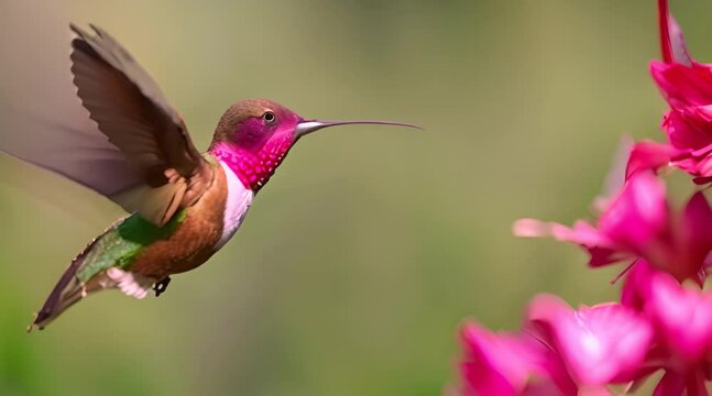 Slow Motion Extreme Close-Up of a Crimson Topaz Gorget Hummingbird Hovering in Mesmerizing Detail.