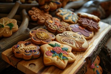 Variety of beautifully decorated artisan cookies displayed on a rustic wooden surface