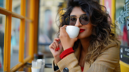 beautiful woman drinking tea or coffee at outdoor