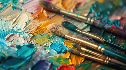 Fototapeta premium Oil paints and paintbrushes on an artist's palette and multicolored paint stains