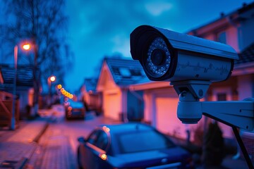 Home Security Surveillance Camera Monitoring Residential Street at Night