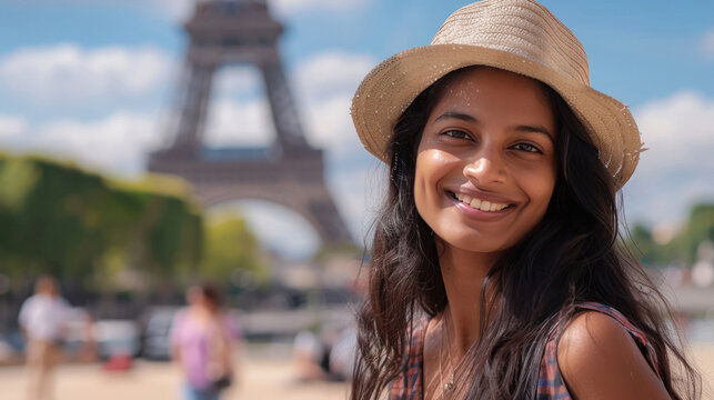 beautiful woman standing on Eiffel Tower background