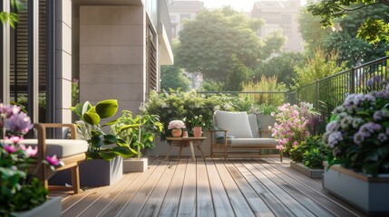 Stylish balcony terrace with cozy relaxing area, green plants, and outdoor furniture