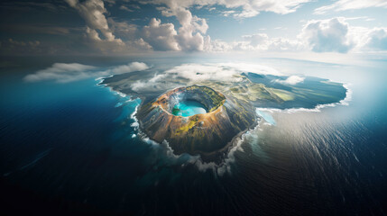 Aerial view of a volcanic island with a prominent crater lake surrounded by dramatic landscapes and bordered by ocean waters, under a partly cloudy sky.