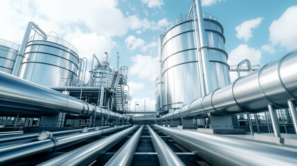 Obraz premium Industrial scene featuring large metal storage tanks and extensive pipelines under a bright blue sky with scattered clouds. The setting is likely a refinery or processing plant.