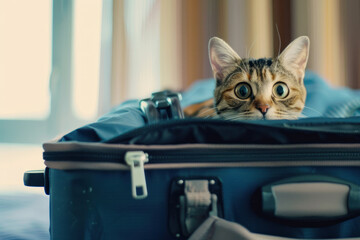 Tabby gray cat sitting in suitcase with clothes. Travel and vacation