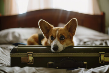 Adorable Corgi dog lies on a suitcase on the bed. Traveling with pets.