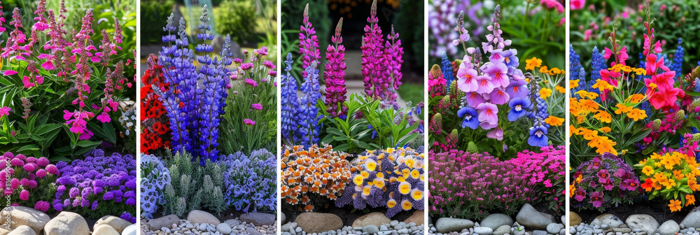 Poster a variety of brightly colored flowers of different shapes and sizes fill a garden, creating a vibran