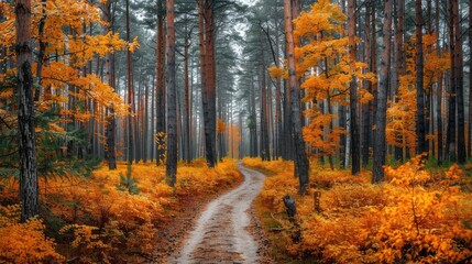 Obraz premium Autumn forest scenery with a twisting path surrounded by towering pine trees and yellow foliage in the front