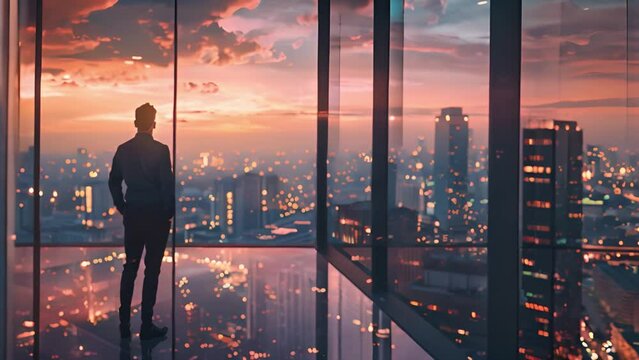A man is standing by a window, gazing at a city skyline as the sun sets in the background.