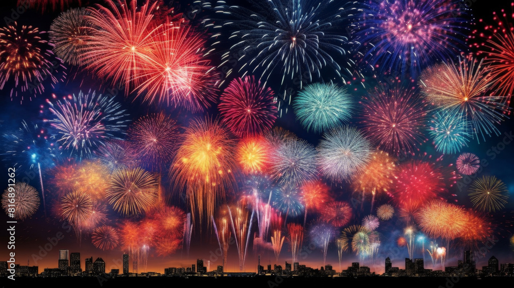 Poster a vibrant fireworks display explodes over a city skyline at night, creating a colorful and dazzling 