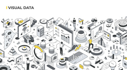 People interact with diverse data visuals, from pie charts to diagrams. Visual data in business planning, analysing, decision making, and data presentation. Isometric illustrations