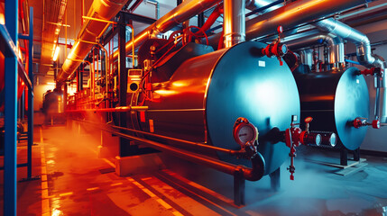Industrial boiler room with large metallic tanks, piping, and steam, illuminated by warm lighting. The setting depicts a modern, high-tech facility.