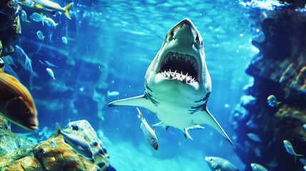 Underwater scene featuring a great white shark with its mouth open, surrounded by smaller fish and...