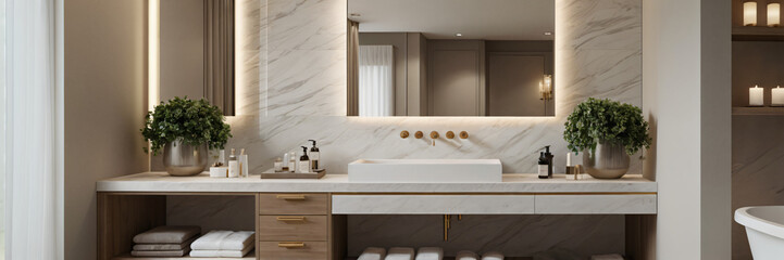 a luxurious bathroom featuring a spacious vanity area with two sinks and a large mirror. Emphasize elegance, functionality, and tranquility in the design. Incorporate premium materials