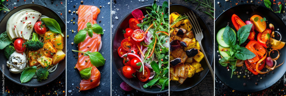 Poster various types of food arranged on different plates, showcasing a diverse selection of dishes such as