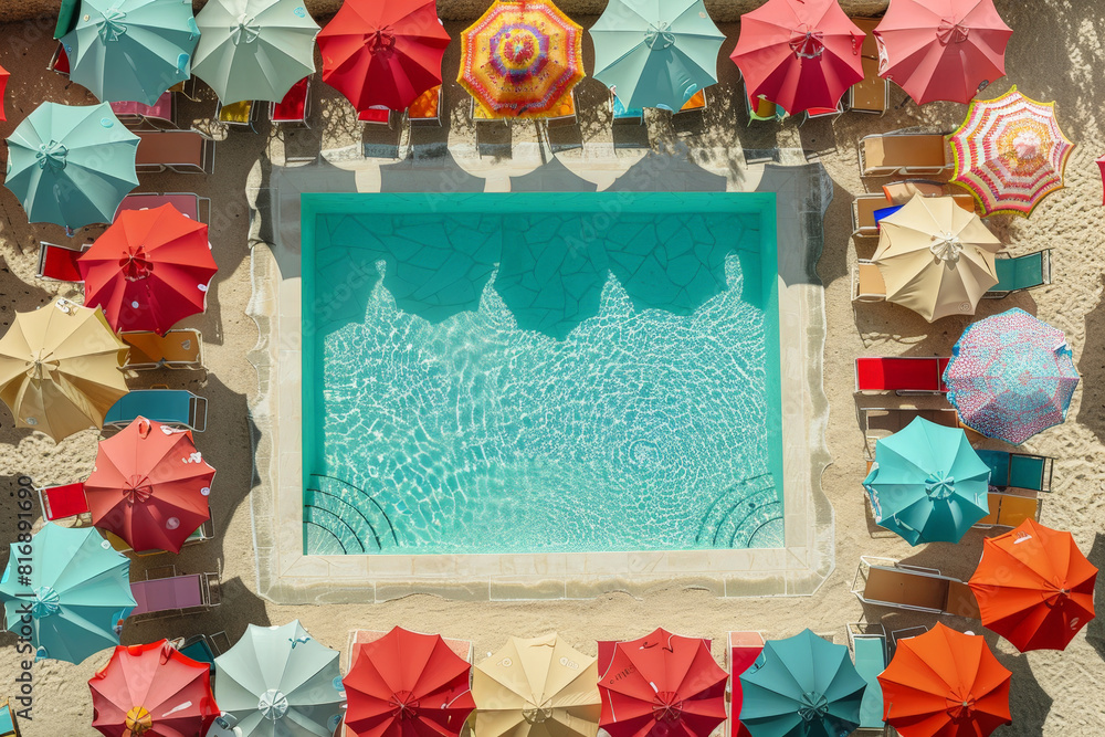 Poster A view from above showing a pool surrounded by vibrant colored umbrellas