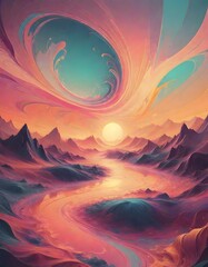 Vibrant and colorful surreal landscape with bright sun amidst a sky painted with swirling patterns of orange, pink, and teal hues, with a serene and majestic atmosphere, Generative AI.