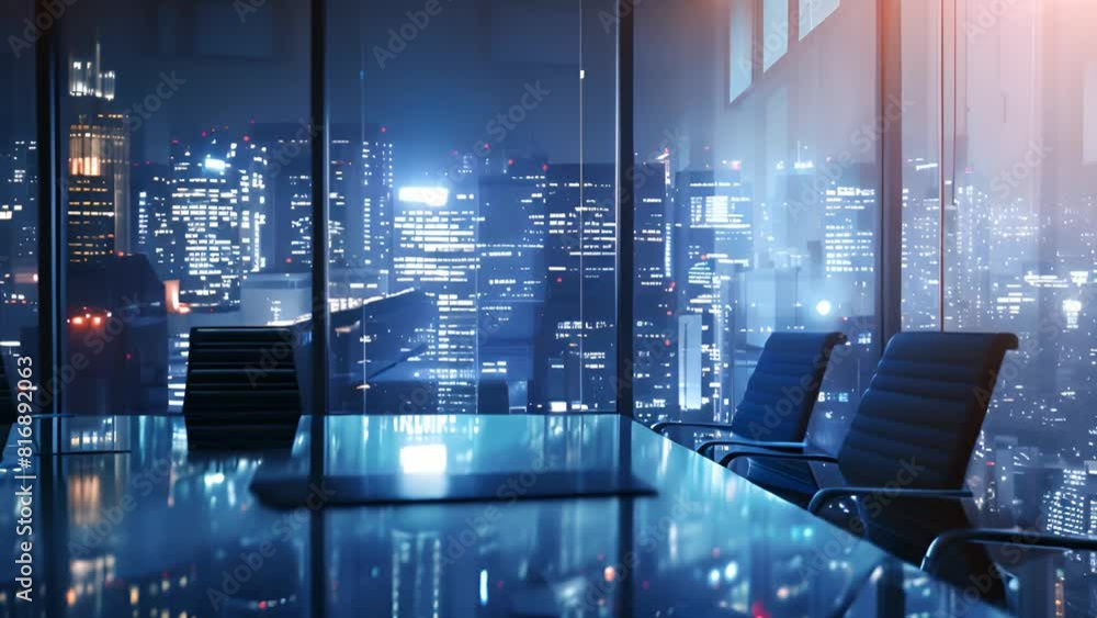 Poster a conference room with a large window offering a panoramic view of the city skyline, with a long tab
