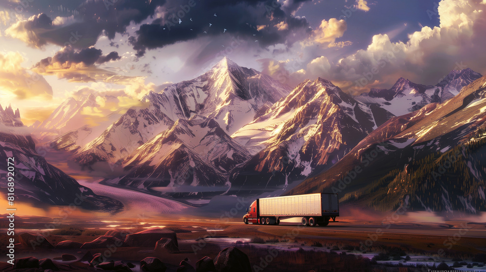 Sticker a large truck drives along a road in front of a breathtaking mountainous landscape at sunset, with s