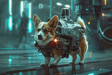 Digitally enhanced artwork of a corgi dog with robotic enhancements in a scifi environment