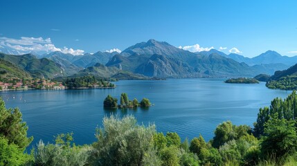 Fototapeta premium A panoramic view of a serene lake surrounded by mountains, with a clear blue sky
