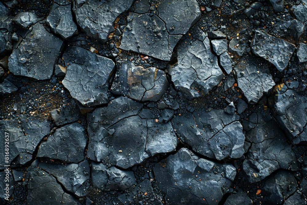 Poster detailed close-up view of a black rock with visible cracks and textures