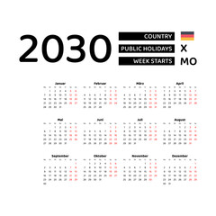 Calendar 2030 Germany language with German public holidays. Week starts from Monday. Graphic design vector illustration.