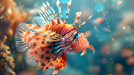 Vibrant Close Up: Lionfish Swimming in Ocean   Stunning Photo Realistic Image of Colorful Fish with Spines, Ideal for Marine Life or Underwater Content