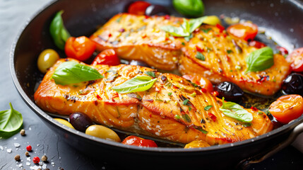 Fototapeta premium A close-up view of a deliciously cooked salmon dish garnished with fresh basil leaves, cherry tomatoes, olives, and spices in a pan, highlighting vibrant colors and textures.