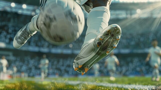 Close-up of soccer players cleated foot kicking ball in intense football game on field