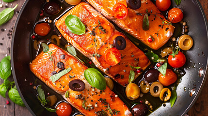 Image of three salmon fillets in a pan, garnished with fresh basil, cherry tomatoes, black olives, green olives, whole peppercorns, and herbs, ready for cooking. - Powered by Adobe