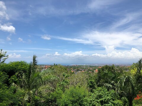 Ariel view of Bali from Garuda Wisnu monument with blue sky and greenry