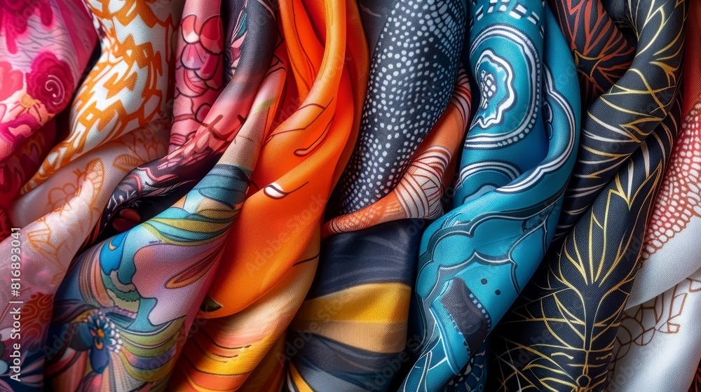 Poster a collection of colorful scarves with various patterns and designs