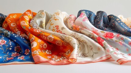 A row of colorful silk scarves with floral designs