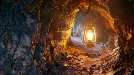 A dimly lit underground tunnel featuring a vintage oil lantern hanging from the ceiling. The lantern casts a warm, glowing light on the rocky walls and uneven ground. - Powered by Adobe