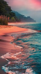 Serene Sunset Beach with Pink Sky and Gentle Waves