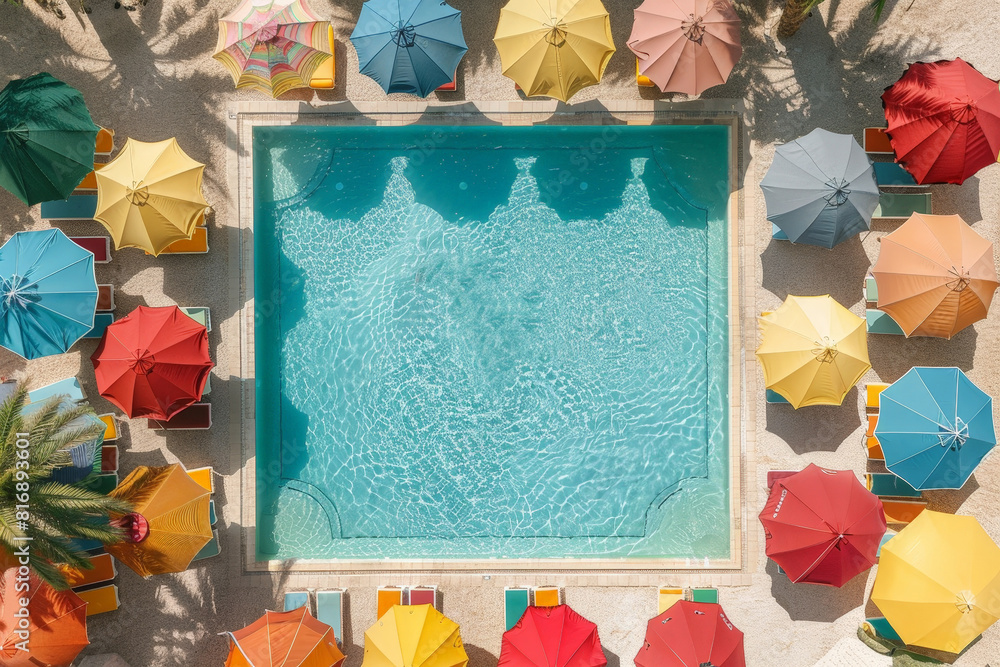 Poster a birds-eye view of a pool area with vibrant umbrellas providing shade to the seating areas around t