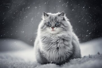Fluffy Siberian Cat with Blue Eyes in Snowy Winter Landscape