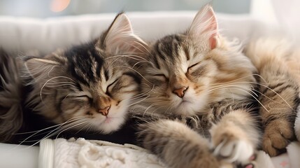 Obraz premium Two cats sleeping together on bed