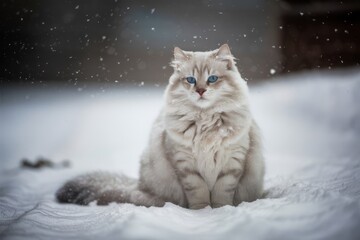 Fluffy Siberian Cat with Blue Eyes in Snowy Winter Landscape