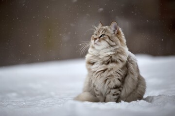 Fluffy Siberian Cat with Blue Eyes in Snowy Winter Landscape